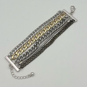 Jenny Bird Signed Multi-Strand Chain Bracelet Mixed Metal Silver Gold Edgy Chic